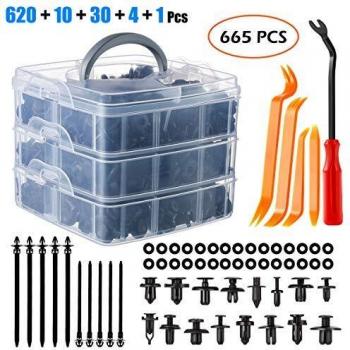Vintoney Clips Remaches Plástico coche, Universales Grapas Coche 665 Pcs 16 Tamaños Clips Carrocería de coche Puerta del Parachoques Fender Liner Sealing Strip Clips Fijos con Herramienta de Desmontar
