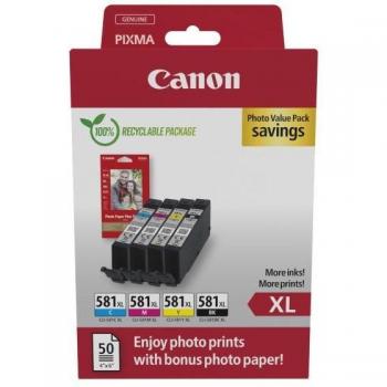 Canon CLI-581XL Pack de 4 Cartuchos de Tinta Originales - 50 Hojas de Papel Fotográfico