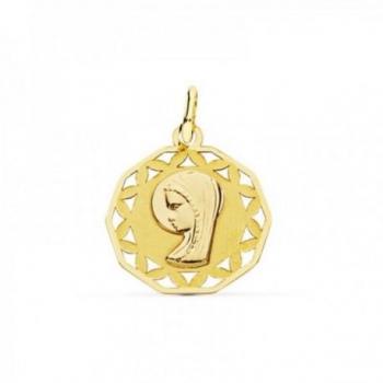 Medalla de Virgen Niña en Oro 18k con formas caladas de 18 mm para Primera Comunión