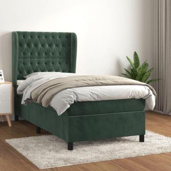 Cama Box Spring con Colchón de Terciopelo Verde Oscuro 90x190 cm