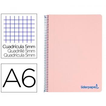 Cuaderno espiral liderpapel tamaño A6 con tapa de plástico, 120 hojas de 90 gramos, cuadriculado de 5mm y 4 bandas color rosa