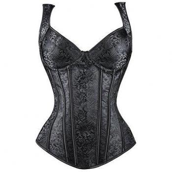 Kimring Women's Gothic Retro Jacquard Peasant Shoulder Straps Boby Shaper Tank Bustiers Overbust Corset with Lightly Cup Black XXX-Large