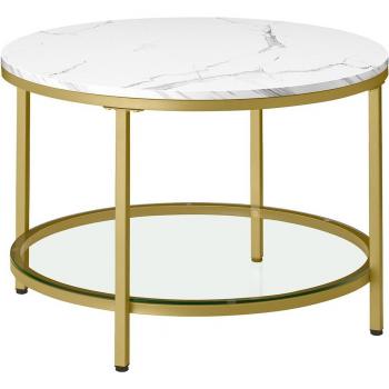 Mesa de Centro Redonda de Imitación Mármol con Estante de Vidrio Templado, 65x46 cm, Estilo Moderno para Salón, Color Negro y Blanco Mármol con Detalles Dorados