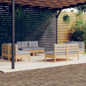 8-Piece Pinewood Garden Lounge Set with Grey Cushions