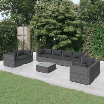 9-Piece Grey Poly Rattan Garden Lounge Set with Cushions