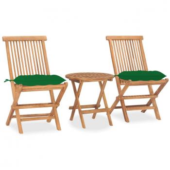 3-Piece Folding Outdoor Dining Set with Cushions - Solid Teak Wood