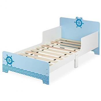 Cama Infantil Nautica con Bordes Anticaída y Somier de Láminas, 60 x 77 x 143 cm, MDF, Blanco/Azul - Relaxdays