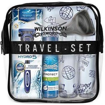 Wilkinson Sword Set de Viaje con Máquina de Afeitar Recargable de 5 Hojas + Protector de Viaje + Espuma de Afeitado Protect 50 Ml + 2X Botes Rellenables 100 Ml + Neceser de Viaje