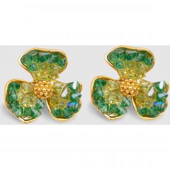 Pendientes Clover de aleación de metales bañado en oro, Pendientes Flor en Latón con Acabado en Baño Oro de 18Kt, Pendientes de Botón Maxi con Cristales de Colores - Joyas Para Mujer