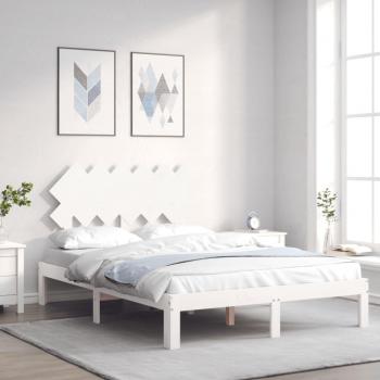 Cama doble de madera maciza blanca con cabecero redondo y estructura para matrimonio