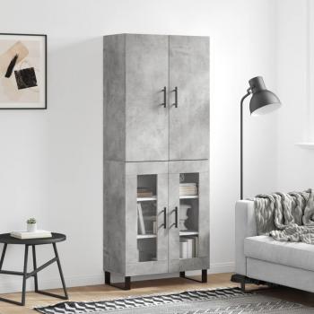 Aparador alto de madera contrachapada gris hormigón 69,5x34x180 cm con 2 puertas de cristal, mueble de almacenaje para salón, buffet y armario auxiliar