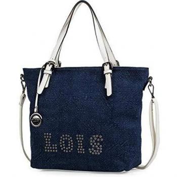Lois - Bolso de Mujer Tipo Shopping con Asas y Bandolera. Lino y Cuero PU Polipiel. Logo con Remaches. Grande cómodo y para Viaje Compras o Diario. 301081, Color Azul