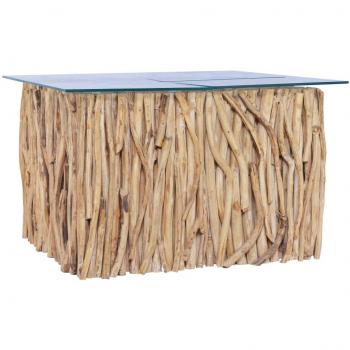 Mesa de centro de teca maciza con superficie de vidrio 66x66x40 cm