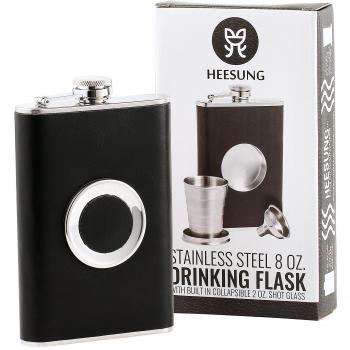 Heesung Petaca de acero inoxidable, 227 ml aprox., set de regalo con un vaso de chupito integrado y plegable de 56 ml aprox., embudo para petaca de acero inoxidable, petaca con funda de piel sintética