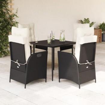 5-Piece Black Poly Rattan Garden Dining Set with Cushions