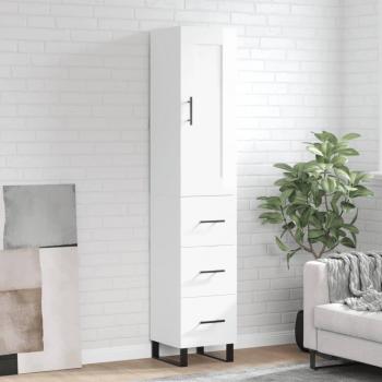Aparador Moderno de Madera Contrachapada Blanco Brillante 34,5x34x180 cm con 3 Cajones y Puertas para Almacenaje