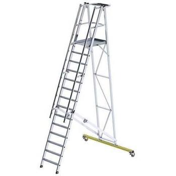 Escalera de Plataforma de Aluminio Plegable y Móvil, 14 Peldaños, Altura de Trabajo hasta 5,25 m