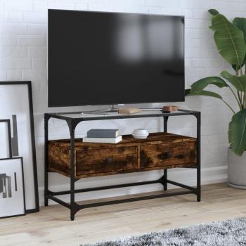 Mueble TV cristal y madera ingeniería roble ahumado 80x35x51 cm Marrón
