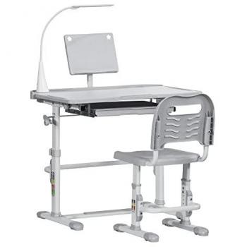Homcom Juego de Escritorio y Silla para Niños +6 Años con Pupitre Altura Ajustable, Mesa Inclinable, Cajón, Lámpara LED y Portalápices 80x49,5x82-104