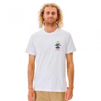 Camiseta de manga corta Rip Curl Search Icon blanca con detalles en amarillo y azul, talla S