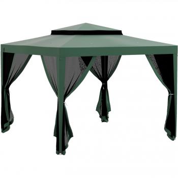 Outsunny Carpa de Jardín 3x3 m Cenador Gazebo con Mosquiteras Laterales, Techo Doble y Marco de Metal - Verde