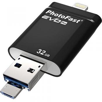 PhotoFast i-FlashDrive EVO Plus - Memoria USB 3.0 de 32 GB con Conector Micro USB y Lightning, Color Negro