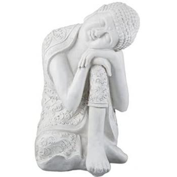 Estatua Jardín Buda 60 cm, Resistente Intemperie y Heladas, Poliresina Blanca, Grande para Exterior - Relaxdays