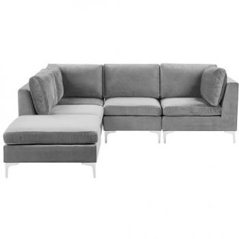 Sofá Esquinero Modular de Terciopelo Gris 4 Plazas con Otomana Derecho y Patas de Metal Evja