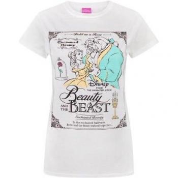 Camiseta Blanca de Manga Corta para Mujer con Póster de La Bella y La Bestia - Talla S