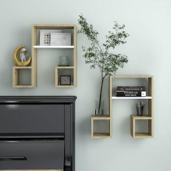 Estantes de pared vidaXL 2 uds contrachapado negro brillo 50x15x50 cm y aglomerado blanco y roble 50x15x50 cm