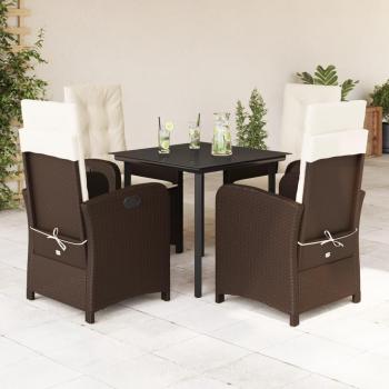 5-Piece Brown Poly Rattan Garden Dining Set with Cushions