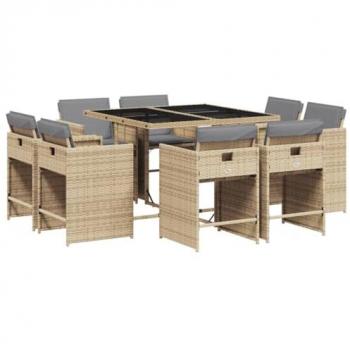 Set comedor de jardín 9 pzas con cojines ratán sintético beige