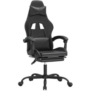Silla gaming con reposapiés cuero sintético negro, asiento ergonómico, reposabrazos ajustables, ruedas giratorias, altura ajustable, diseño profesional para oficina