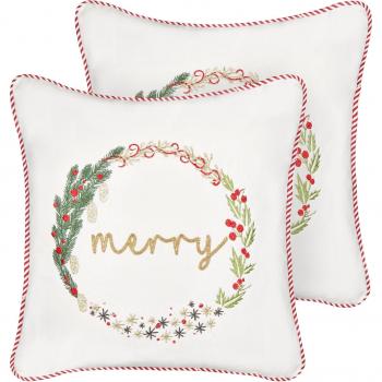 Conjunto de 2 cojines de terciopelo blanco con motivo navideño 45 x 45 cm, fundas de algodón extraíbles y relleno de poliéster