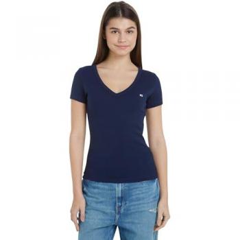 Camiseta Tommy Jeans Slim Fit Rib V Escote Corto Negro Mujer - S