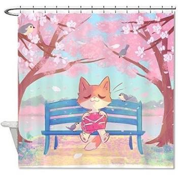 warrantyll Cartoon Fox Cherry Blossom cortina de ducha de poliéster resistente al agua 72 x 72