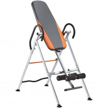 Banco de Inversión Gorilla Sports Negro/Plateado/Naranja con diseño ergonómico, estructura robusta, ajuste de altura, acolchado cómodo y capacidad de carga alta