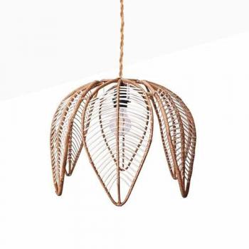 Lámpara Colgante LED de Ratán en Forma de Flor Bintan Ø44cm Estilo Nórdico Rústico con Pantalla de Pétalos y Florón de Madera E27