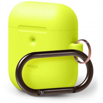 Elago a2 funda de silicona compatible con audifonos apple airpods 2 inalambricos led frontal visiblesoporta carga inalambrica proteccion adicional con mosqueton neon amarillo
