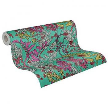 Papel Pintado Vlies Floral Impresión Turquesa, Diseño Botánico Moderno para Sala, Dormitorio y Oficina