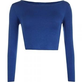WearAll - Mujeres Manga Larga llanura Recortar la Camiseta Corta Cuello Redondo Top - Azul Real - 40-42