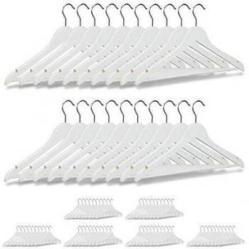 Pack de 80 Perchas de Madera, Colgadores para Pantalones y Camisas, Gancho Giratorio 360°, Dimensiones 23 x 44 x 1 cm, Color Blanco