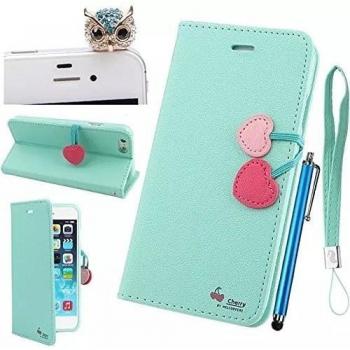 Vandot 3x1Ultra Slim shell Funda para Samsung Galaxy S6 Funda Cuero PU Carcasa Case Interior TPU Suave Caja Tapa Delantera con Abertura Tipo Libro de Interruptor Magnético con Ranura de Tarjeta +Gato tapón del enchufe Diseño impresión de Verde Cherry 