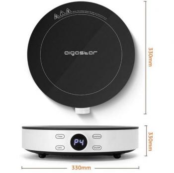 Placa de Inducción Portátil 2000W con Temporizador, 9 Niveles de Potencia y Temperatura Ajustables, Apta para Recipientes de 12-26 cm