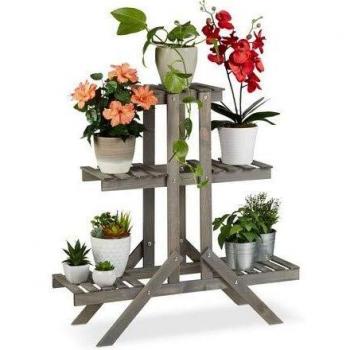 Soporte de Plantas de Madera Gris con 3 Niveles, 83 x 83 x 25 cm