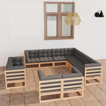 11-Piece Solid Pine Wood Garden Lounge Set with Cushions