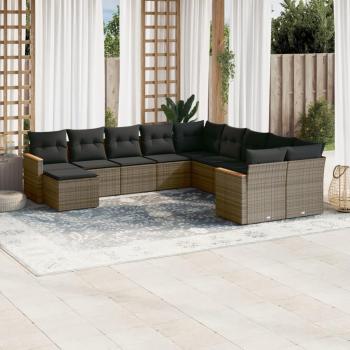 11-Piece Grey Poly Rattan Garden Sofa Set with Cushions