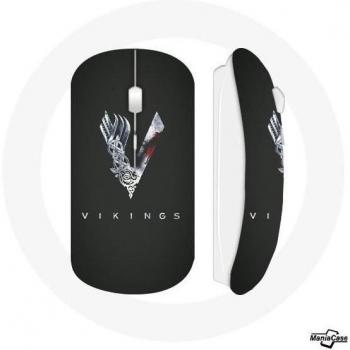Ratón Inalámbrico Vikings Serie Temporada 6 Logo V Espada Gris Fondo Negro
