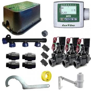 Kit profesional de riego automático Rain Bird de 3 zonas con programador a batería 9V y electroválvulas para tubería de 32mm