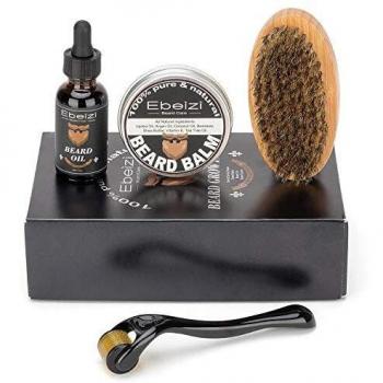 Ebeizi - Kit de aseo para barba para hombres, rodillo Derma para el crecimiento de la barba para hombres, incluye aceite de barba, bálsamo para barba, cepillo para barba